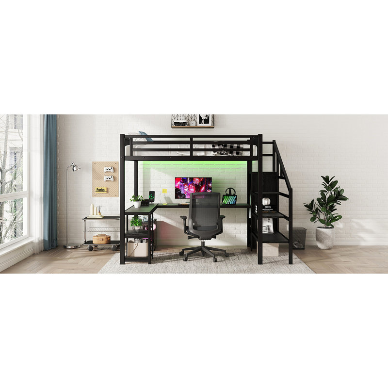 Lit mezzanine en métal noir avec bureau, rangement et éclairage à DEL pour toute garde-robe complète