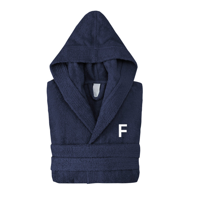 Peignoir monogrammé à capuche en coton turc, Marine, F