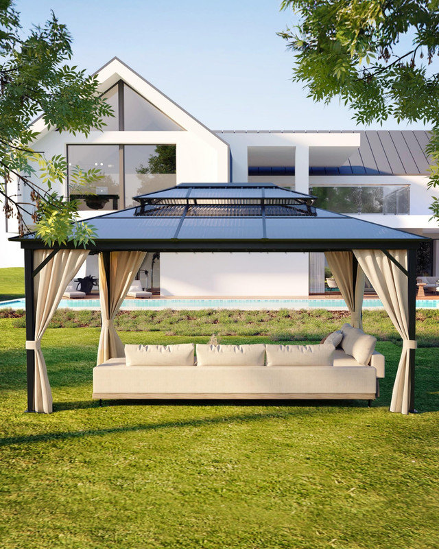 12'x16' All-Weather Gazebo with Double Metal Roof, Aluminum Alloy Frame, Netting & Curtains - Khaki, Khaki