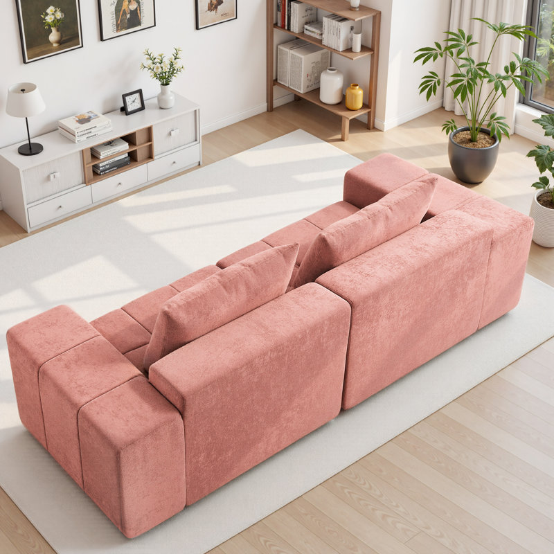 Canapé en chenille de 107 po avec très grands accoudoirs, canapé rembourré confortable pour le salon, Rose