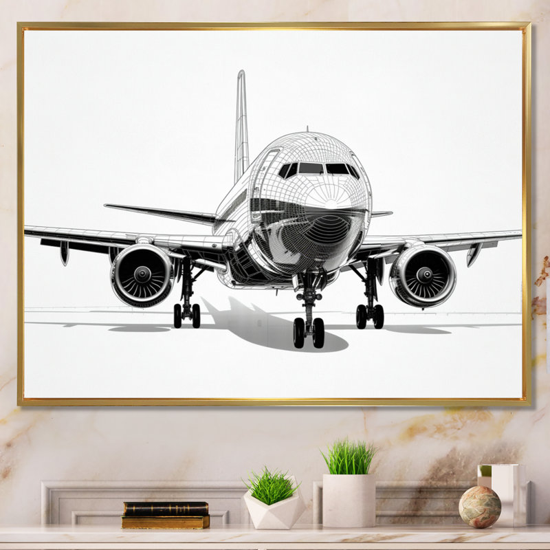 Black & White Plane Graphic Elevation - Transportation Canvas Art Print, H 30 po x l 40 po x P 1,5 po, Cadre flottant doré