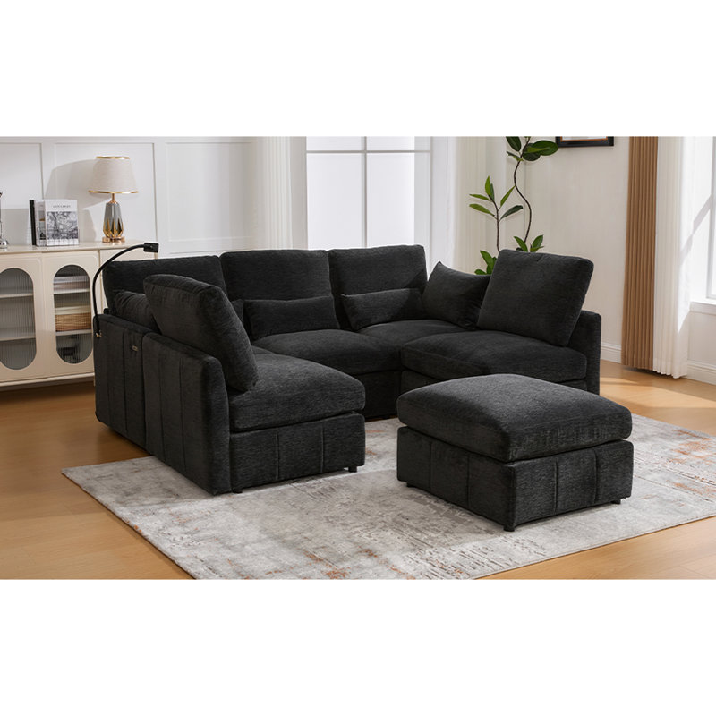 Black Chenille 85.4" Sectional With Movable , Two Charging Ports, Phone Holder, And Soft Seating Experience Multi - Functional L Shaped Modular Built In Comfortable Lumbar Support Material
