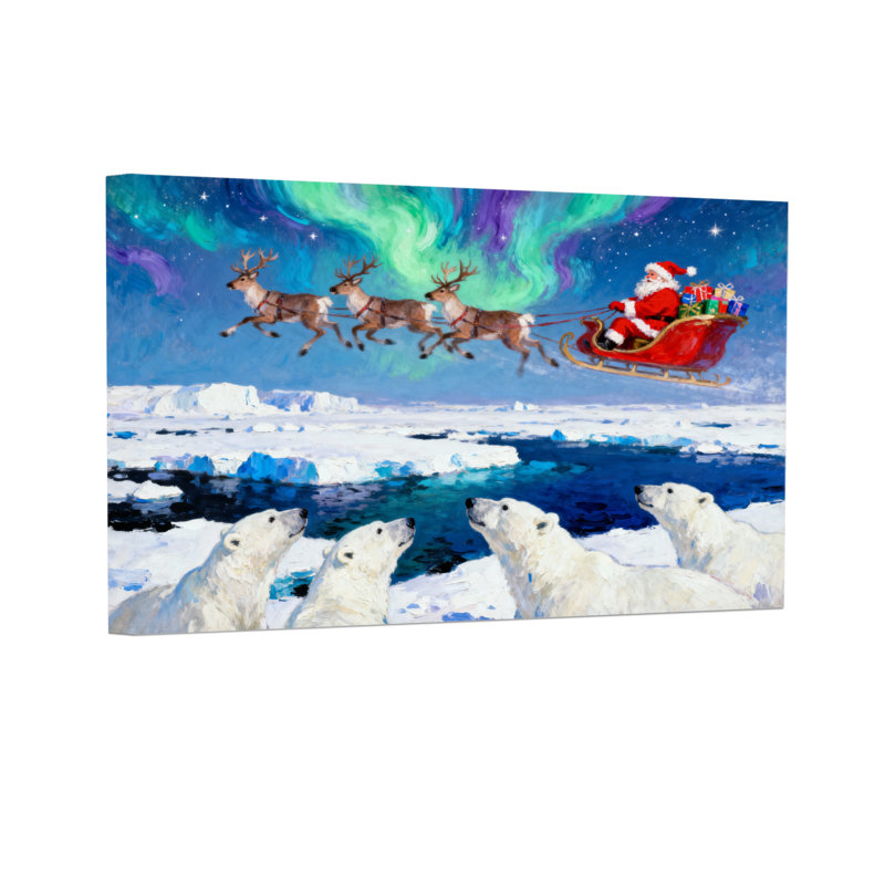 Noël, traîneau du Père Noël, renne, aurore, ours polaires, glace, H 16 po x l 24 po