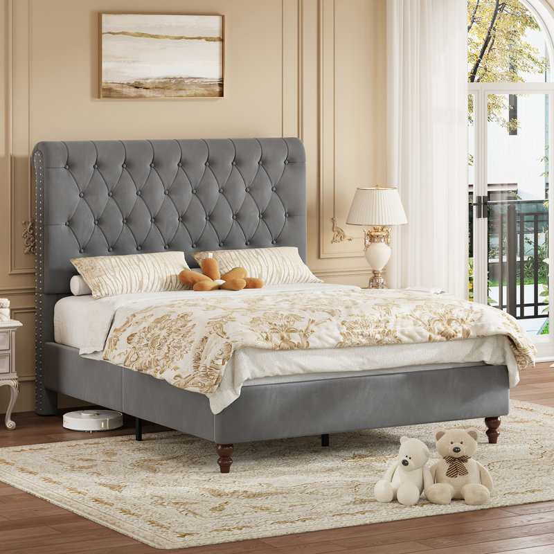 Velvet Upholstered Bed With Deep Button-tufted Rolled-edge Headboard, Kingsize (5'), Grey