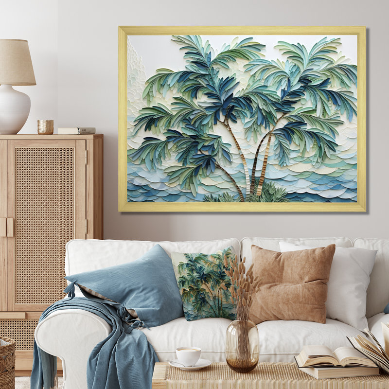 «Green Minimalims Palm Trees» - reproduction d'art sur toile Palm Trees, H 16 po x l 32 po x P 1 po, Cadre doré simple