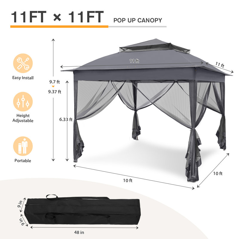 11 Ft. W x 11 Ft. D Outdoor Pop Up Soft Top Steel Patio Gazebo with Netting, Dark Gray