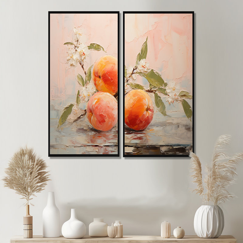 Fruit abstrait pêche - ensemble d'art mural traditionnel de 2, 32" H x 32" W, Black, Impression encadrée flottante