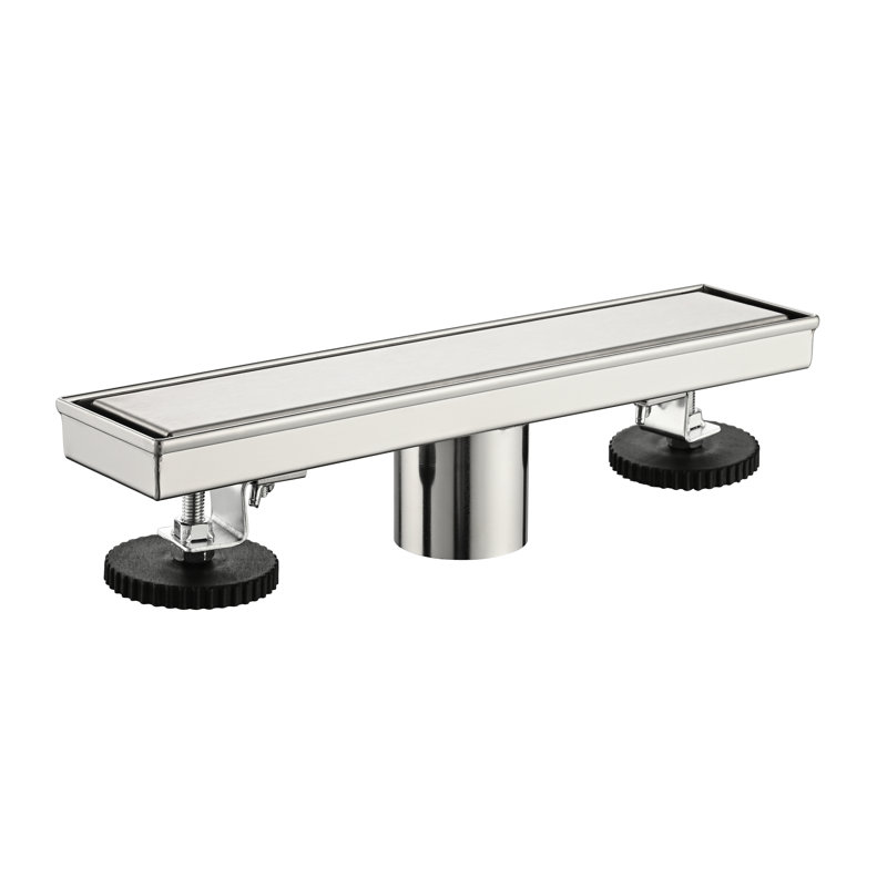 Caniveau de douche linéaire, 30,5 cm (12 po), acier inoxydable, nickel brossé, avec pattes de nivellement et bride.