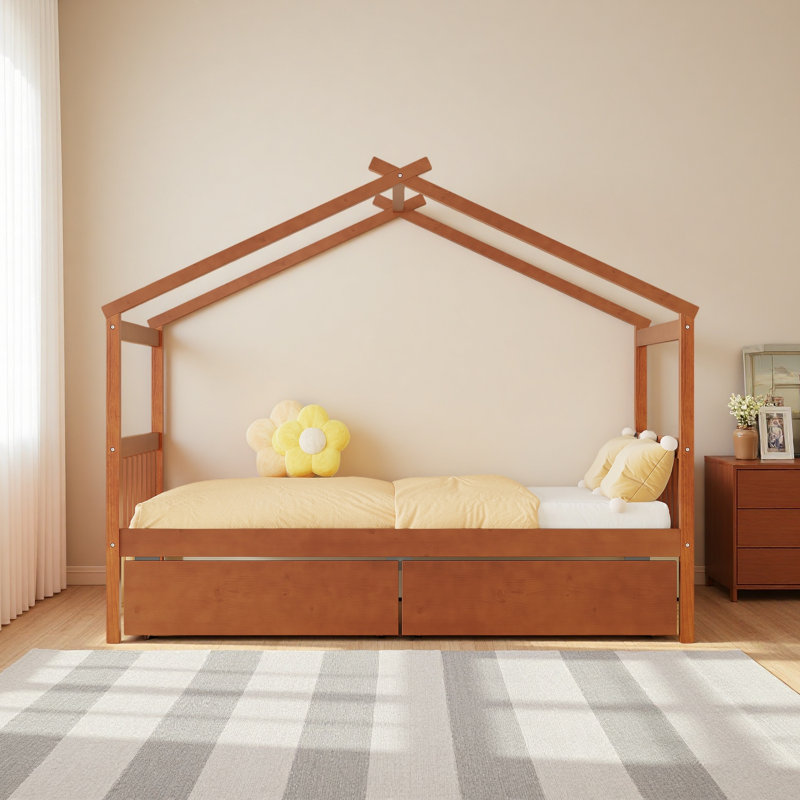 Lit simple en bois avec tiroirs, Noyer, Lit simple