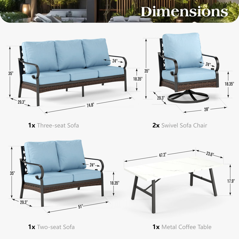 7-Person Patio Conversation Set With Loveseat & Swivel Lounge Chairs, Blue