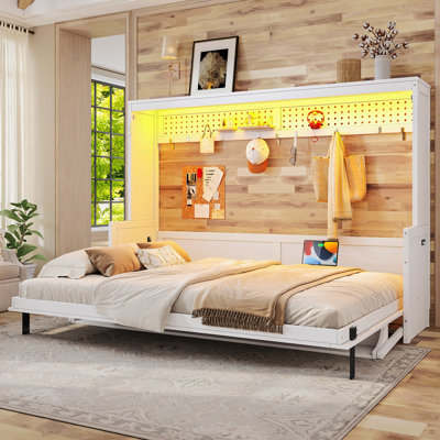 Queen Size Murphy Bed With A Desk, USB Charging Station,LED Lights,White