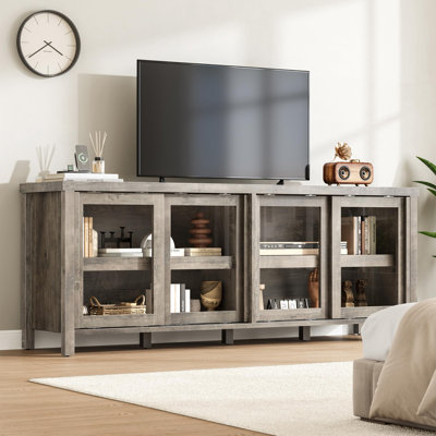 TV Stand for 65 Inch, Entertainment Center with Storage Cabinet and 4 Sliding Glass Doors