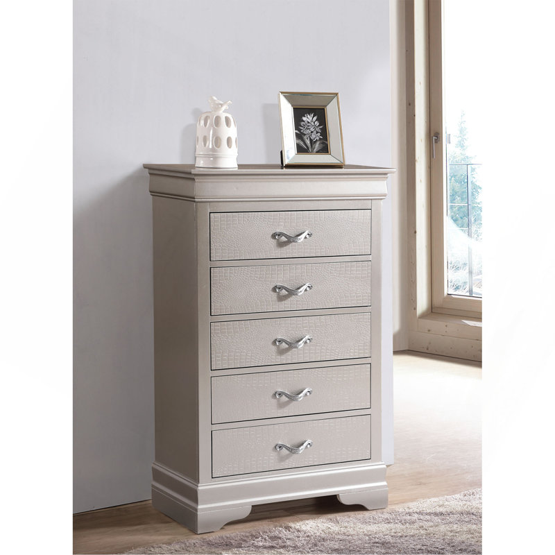 5-Drawer Vertical Chest With Textured Front & Decorative Handles, Champagne