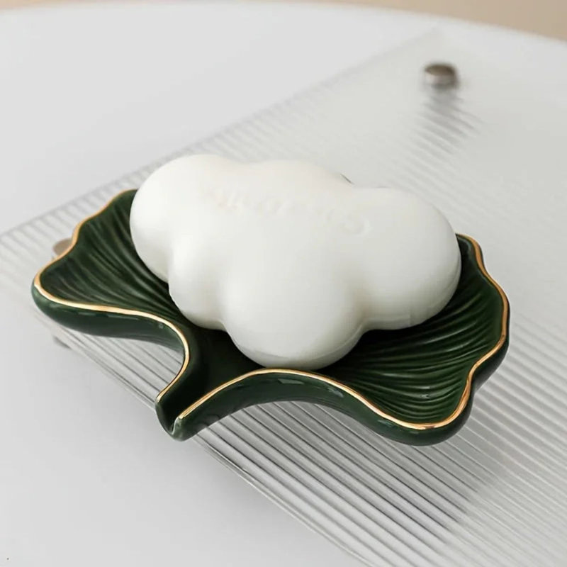 Soap Dish - Ceramic Golden Leaf, White