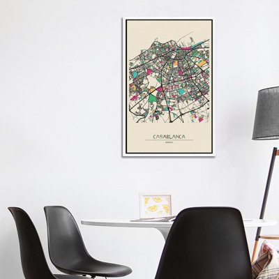 Casablanca, Morocco Map by Ayse Deniz Akerman - Floater Frame Print on Canvas