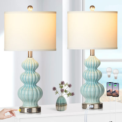 Lampes de table USB 25 "en céramique bleue avec contrôle tactile
