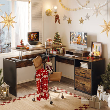 63 Modern Black Home Office Desk with Drawers & Side Cabinet in Gold Base