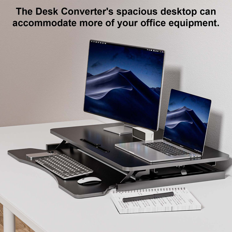 32" Wide Height Adjustable Sit Stand Up Desk Riser With Keyboard Tray, Desktop Workstation Riser For Home Office Computer Laptop, Black