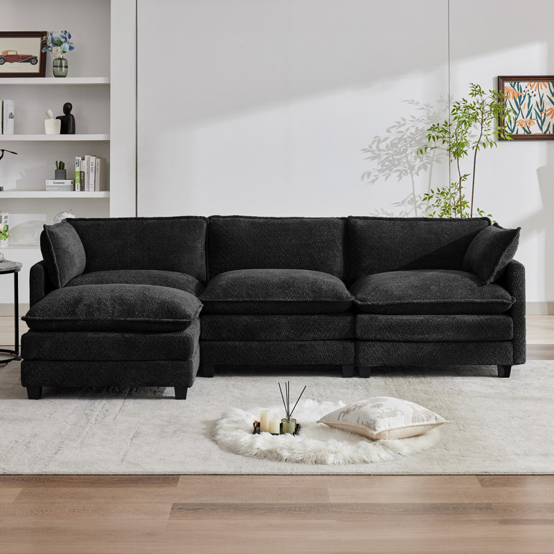 Canapé modulaire en L avec accoudoirs Redenius, Bouclé noir