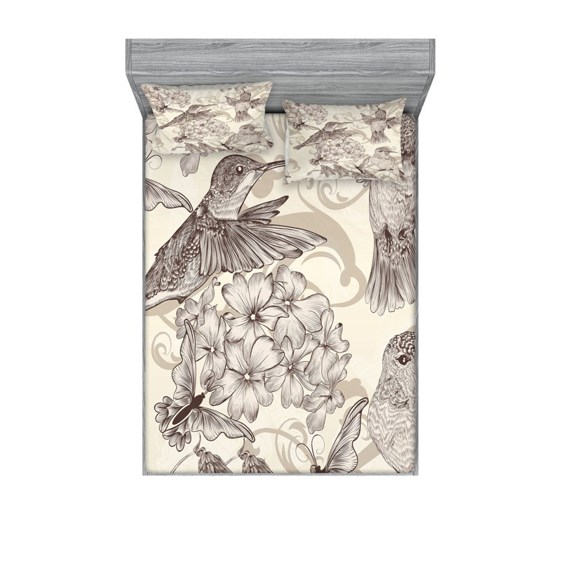 Drap-housse et coussin décoratif Ambesonne Hummingbirds crème beige brun, Ensemble de draps pour très grand lit californien