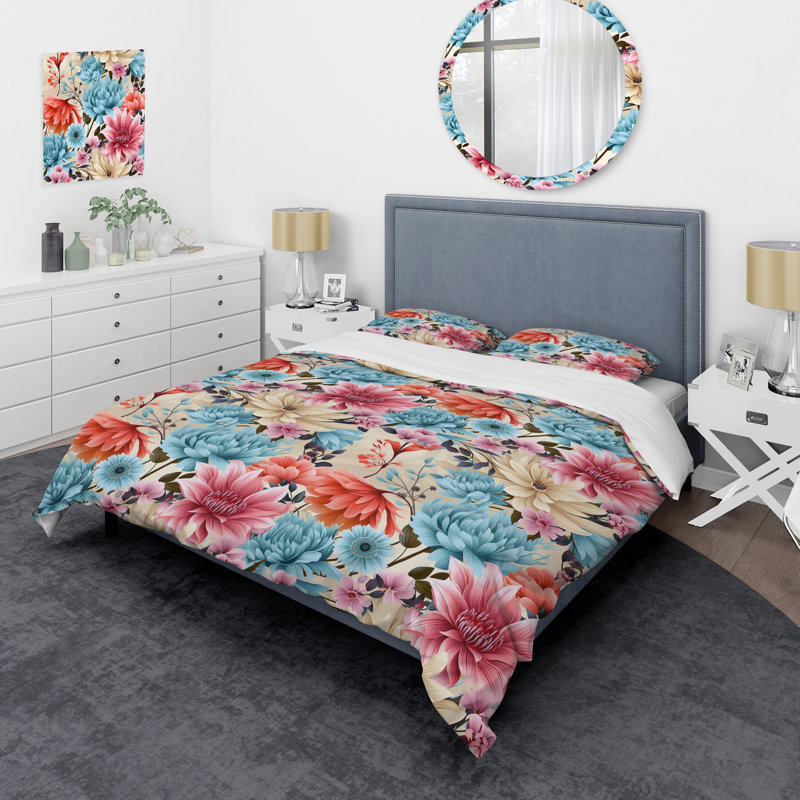 Blue Boho Floral Harmony Dreams - Ensemble de housse de couette floral, Housse de couette simple + 1 taie décorative stan