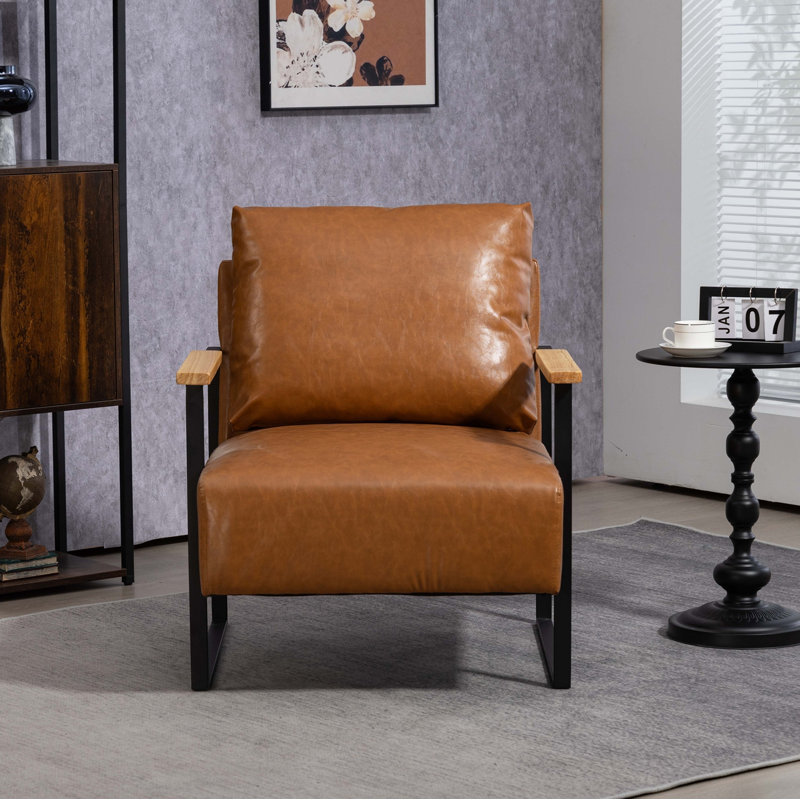 Leather Accent Chair Guest Chair for Living Room, Mid Century Armchair for Bedroom, Brown