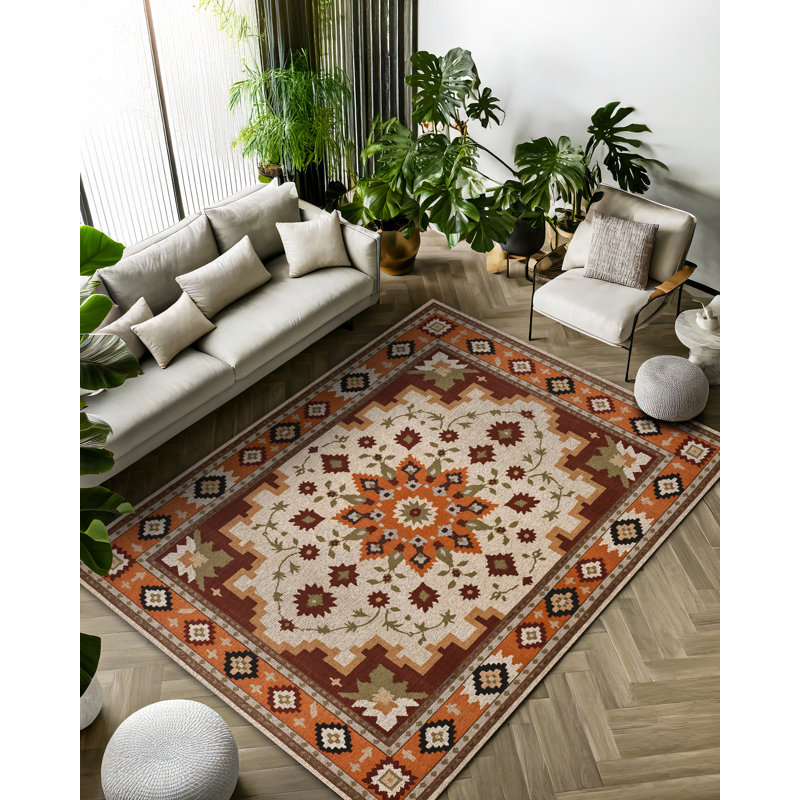 Albasa Collection Digital Print Cotton-Polyester Orange Brown Beige Moroccan Rug, Runner 3'4" x 9'11"