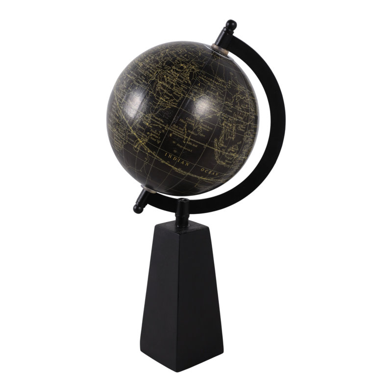 Modern Globe Sculpture With Wood Base - Figurine Style Statues And Decorative Objects For Home Decor And Living Room - 11", Black