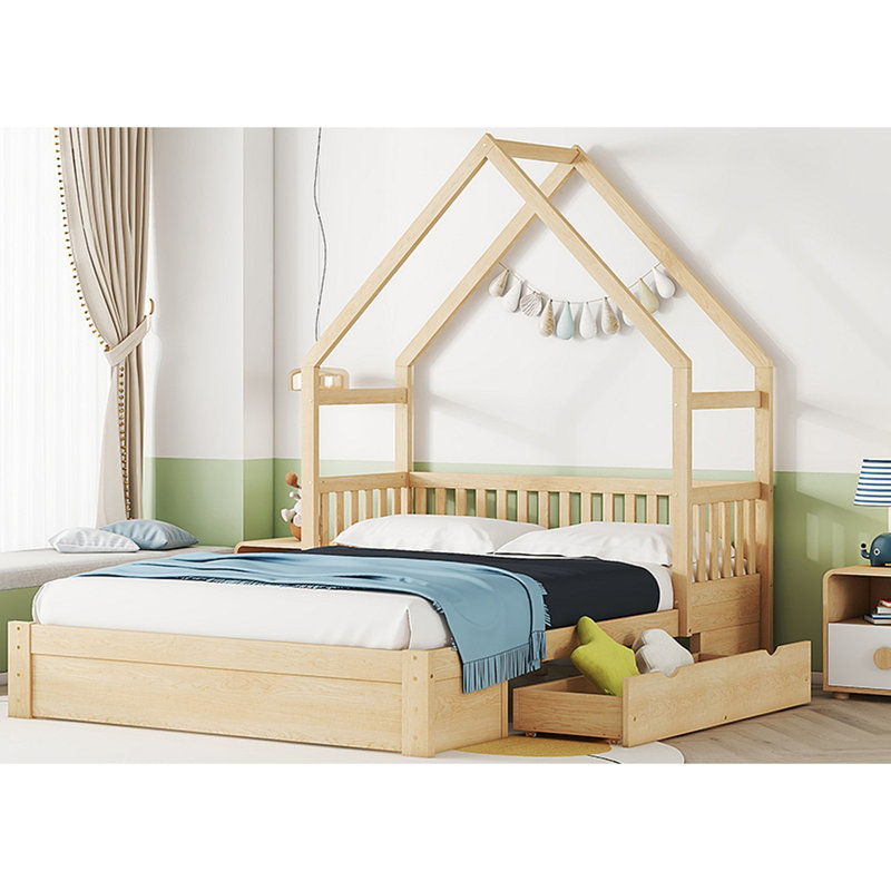 Lit plateforme en bois avec garde-corps et 2 tiroirs Wood House
