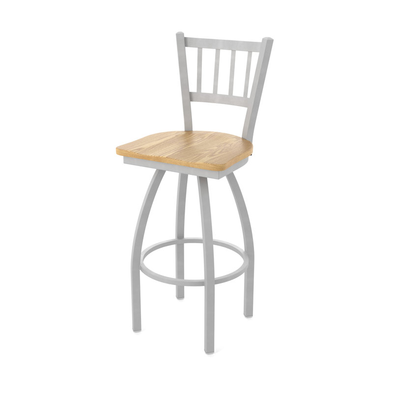 Nicolaie Swivel Counter Stool, Anodized Nickel, Wood-Natural Oak, Bar Stool (30” Seat Height)