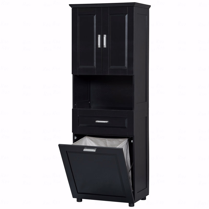 Grande armoire de salle de bain avec panier à linge, grand panier à linge inclinable et armoire de rangement supérieure, Noir
