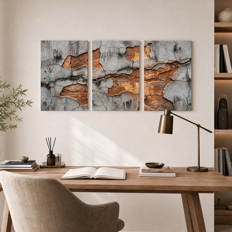 Ensemble de 3 toiles murales représentant de la peinture grise écaillée sur du plâtre en terre cuite, 30"H x 20"W x 3pcs