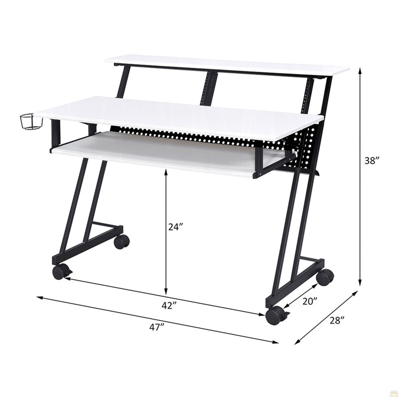 Bureau de studio de musique avec plateau à clavier, blanc et noir