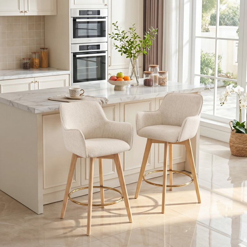  Wylee Swivel Full Back Arms Upholstered 26.6"H Counter Stool with Solid Rubberwood Frame and Gold Footrest, Beige Linen