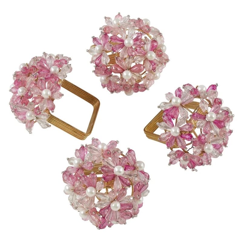 Ensemble de 4 anneaux de serviette élégants à motif floral perlé, ensemble de 4, Rose