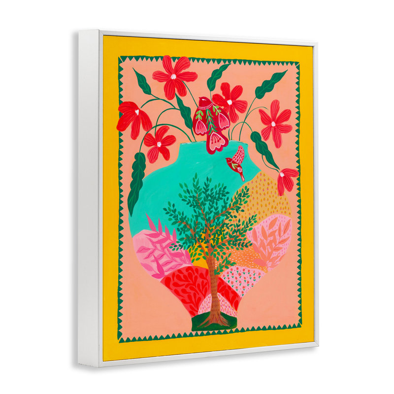 Vase Folk, H 14 po x l 11 po, Estampe numérique encadrée blanc bord de mer