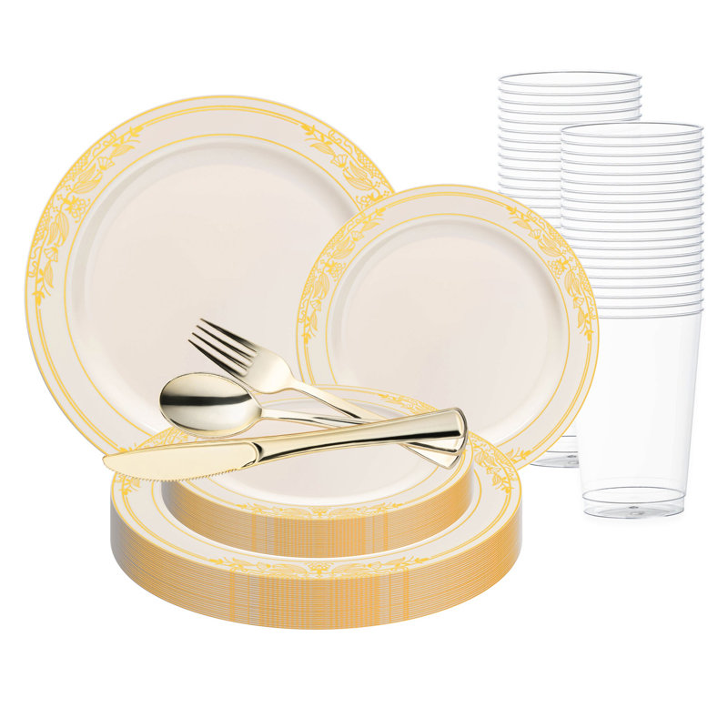 Ivory with Gold Harmony Rim Plastic Wedding Value Set - 60 Settings