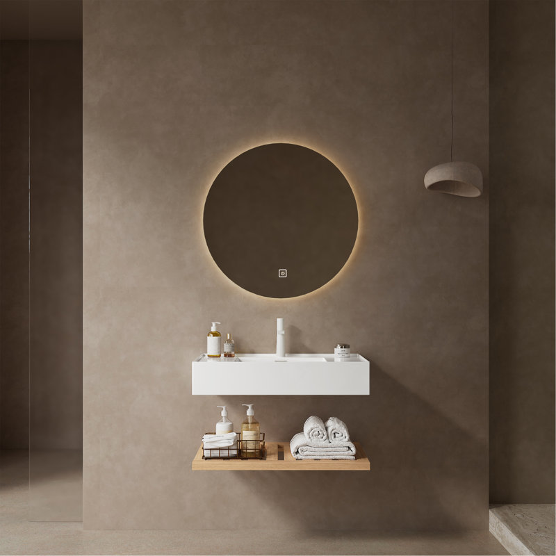 Meuble-lavabo de 30 po avec lavabo vasque, lavabo intégré mural flottant rectangulaire en acrylique blanc sans robinet, tablette rayée, couleur grain de bois naturel