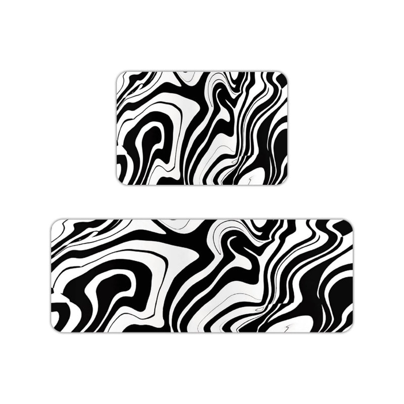 Tapis de cuisine à texture de marbre, ensemble de 2 décorations modernes pour la cuisine et le salon - noir et blanc