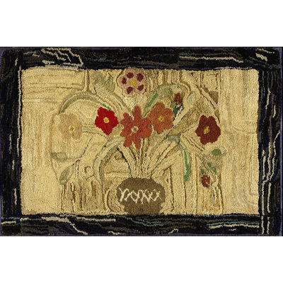 Antique Folk Art Flowers Vase Design American Hooked Rug