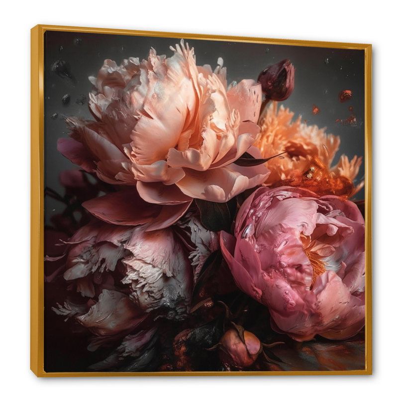 Orange rose, pivoines en fleurs - pivoines, reproduction d'art sur toile encadrée, H 36 po x l 36 po, Cadre flottant doré