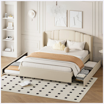 Lit plateforme Queen capitonné avec tête de lit à oreilles, lit gigogne simple et 2 tiroirs, lin, beige