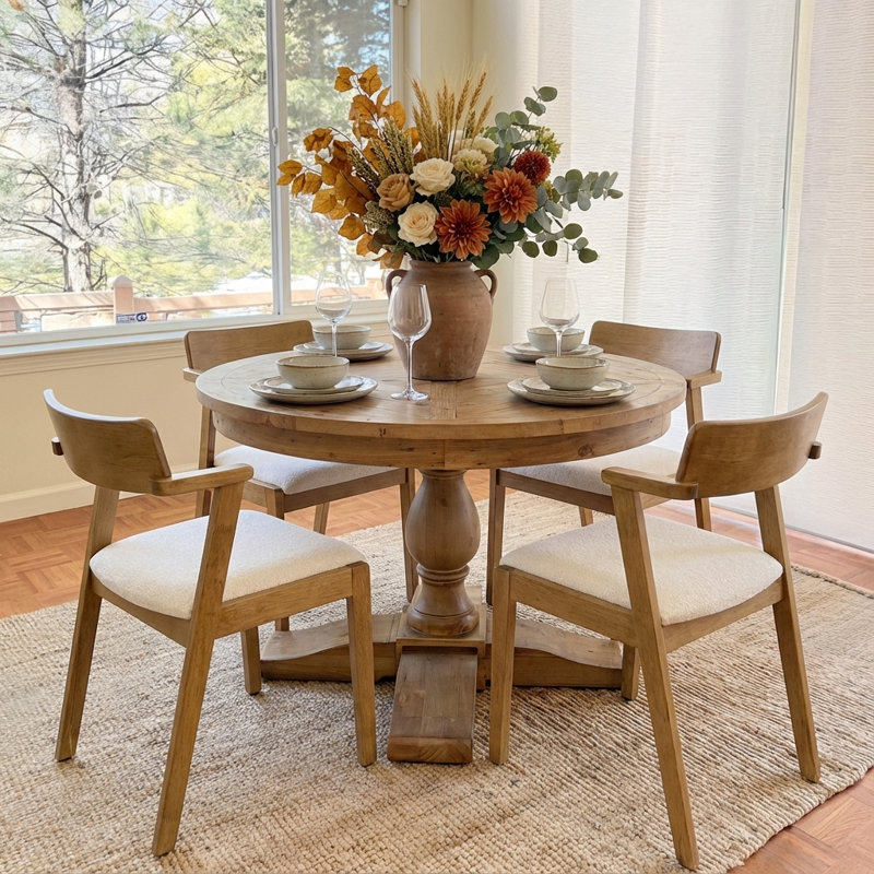 5-Piece Dining Set Mid-Century Modern Round Wooden Table & Upholstered Chair Set For Home, Kitchen, Dining Room