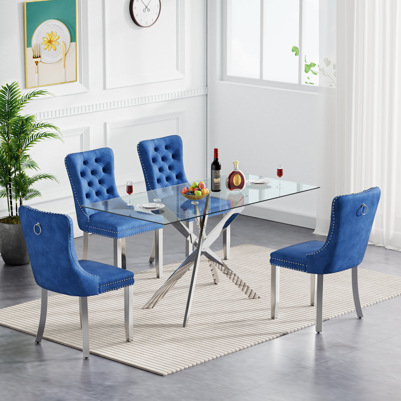 51" Glass Dining Table Set for 4, Modern Dining Room Table Set for 4, X-Shape Pedestal Glass Table with 4pcs Dining Chairs, 5 Piece Dining Set for Dining Living Room