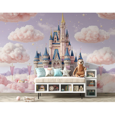 Princess Castle Wallpaper | Watercolor Cloud Wonderland Wall Mural | Fairytale Castle Palace Kids Room Decor | Magical Fairytale Art