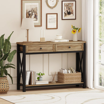 Aust 47.24'' Console Table With Drawers, Wood And Metal Sofa Table For Living Room, Industrial 2 Tier Entryway Table For Hallway, Foyer, Front Door, Entrance (Rustic Oak)