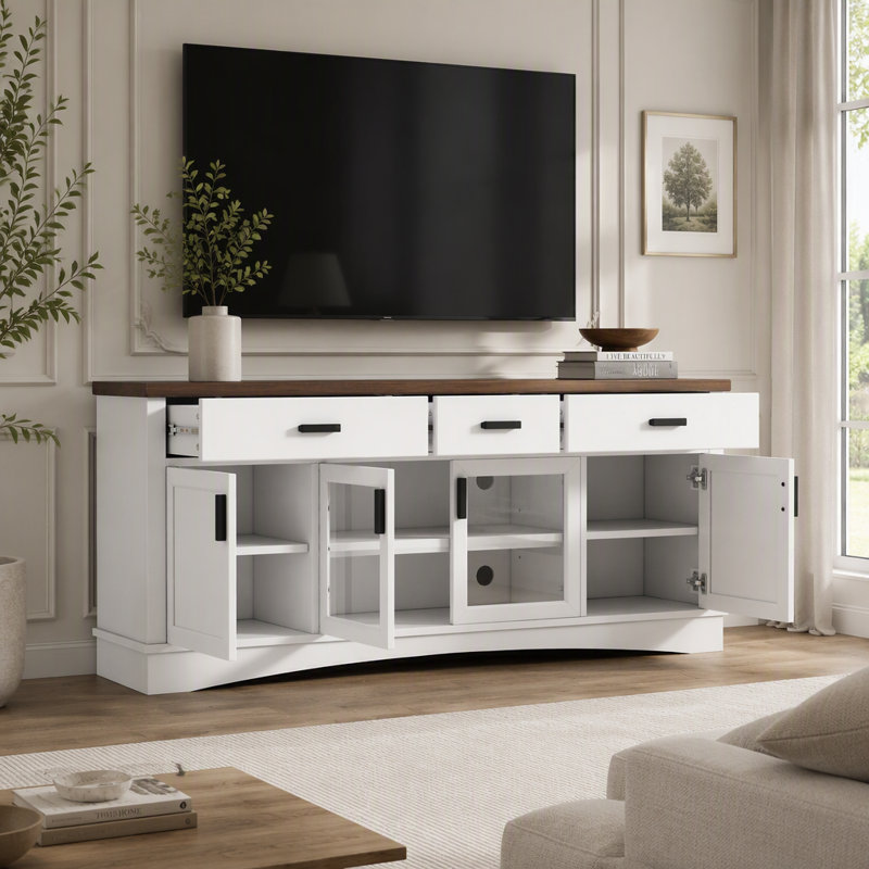 Meuble télé moderne de 67 pouces avec portes vitrées, tiroirs de rangement et tablettes réglables., Blanc