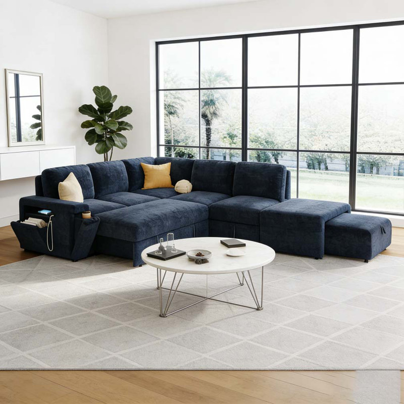 Canapé modulaire rembourré en L avec espace de rangement, Bleu