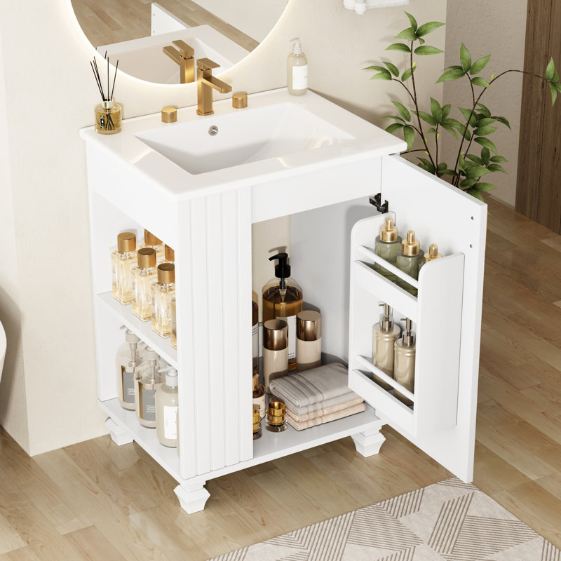 Meuble-lavabo rétro classique de 61 cm (24 po) avec lavabo en céramique lisse, structure en bois massif, porte à fermeture amortie, rangement latéral, étagères à 2 niveaux, trous prépercés pour la robinetterie, trop-plein fini, autoportant