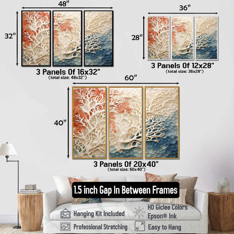 Forcier - ensemble d'impression d'art mural corail sous l'eau, Cadre flottant blanc, H 32 po x l 48 po x P 1 po